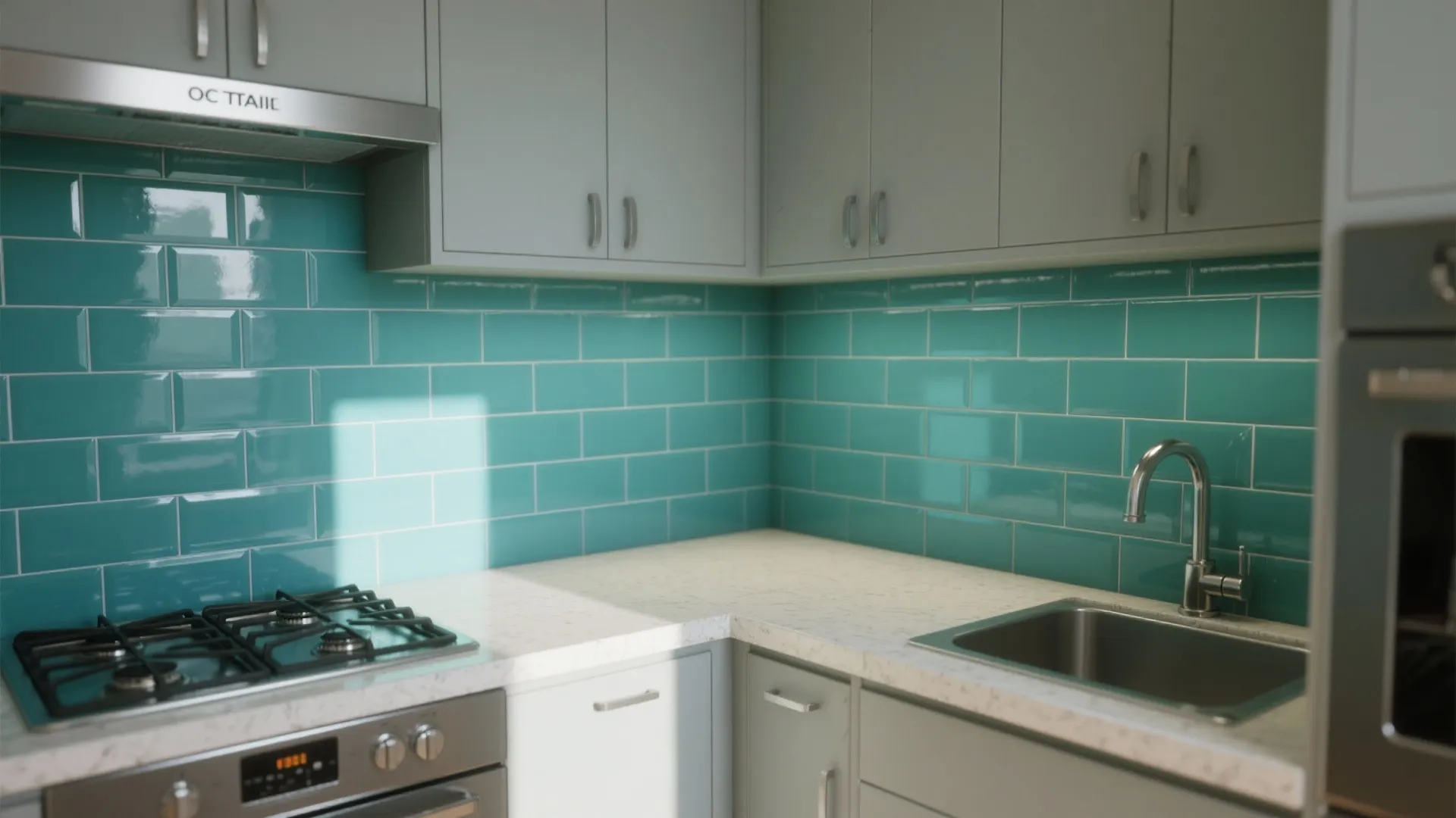 L-shaped kitchen with glossy teal subway tile backsplash and soft grey cabinets.