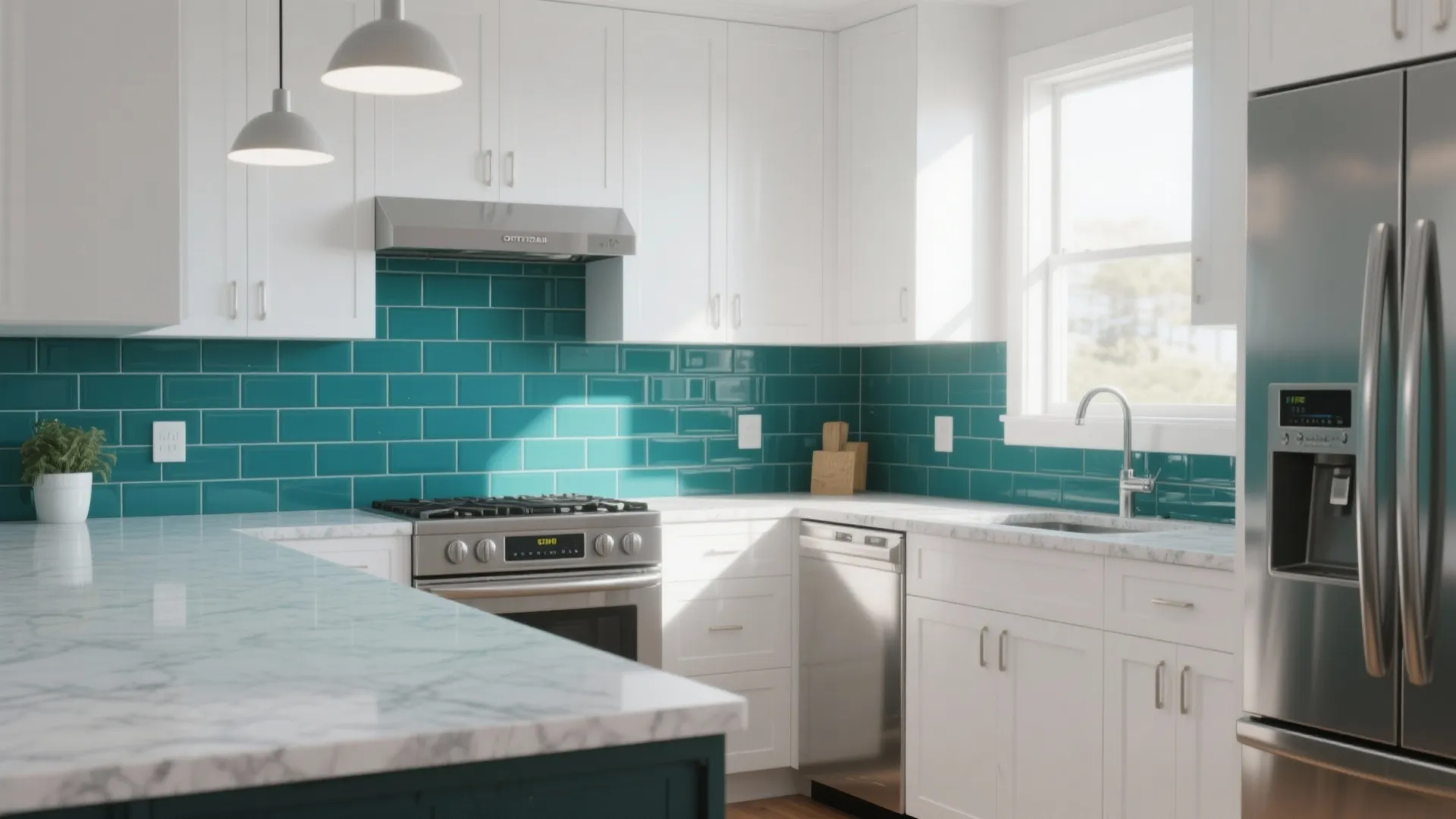 Bright white kitchen with teal wall tiles marble countertops silver oven and a large fridge