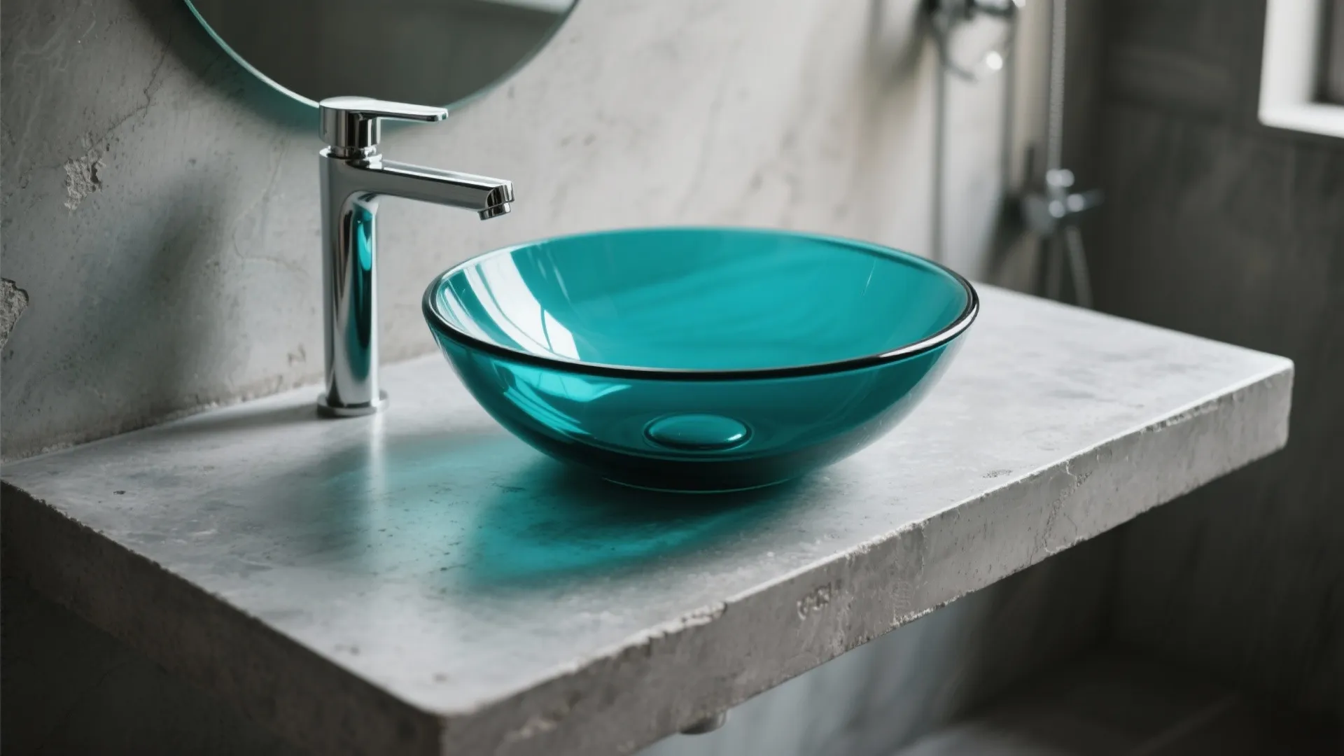 7. Teal Glass Basin on a Concrete Countertop