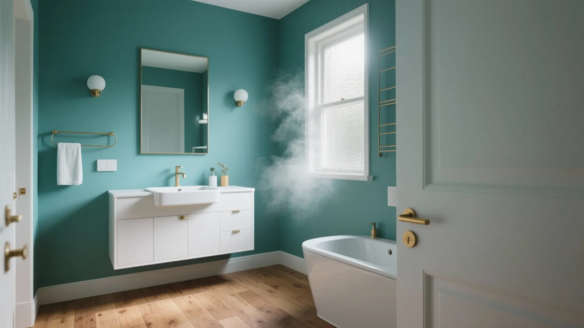 Bright teal bathroom with white cabinet sink wood floor bathtub and window with natural light
