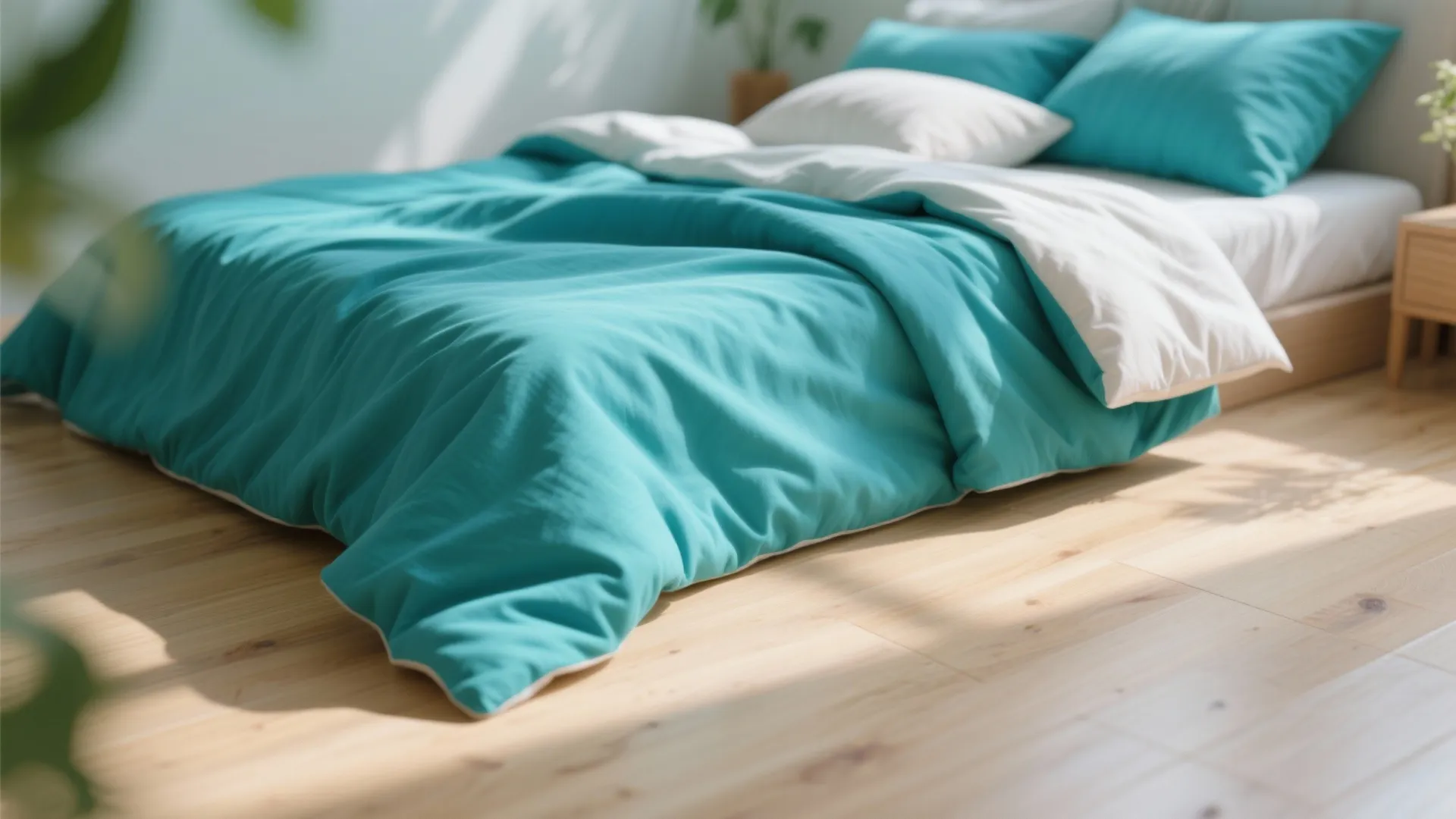 Teal bedding adds a pop of color against pale oak bedroom floors