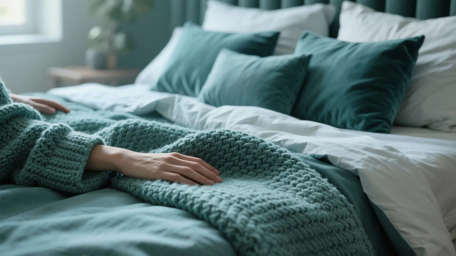 2. Soft Teal Bedding + Texture Play