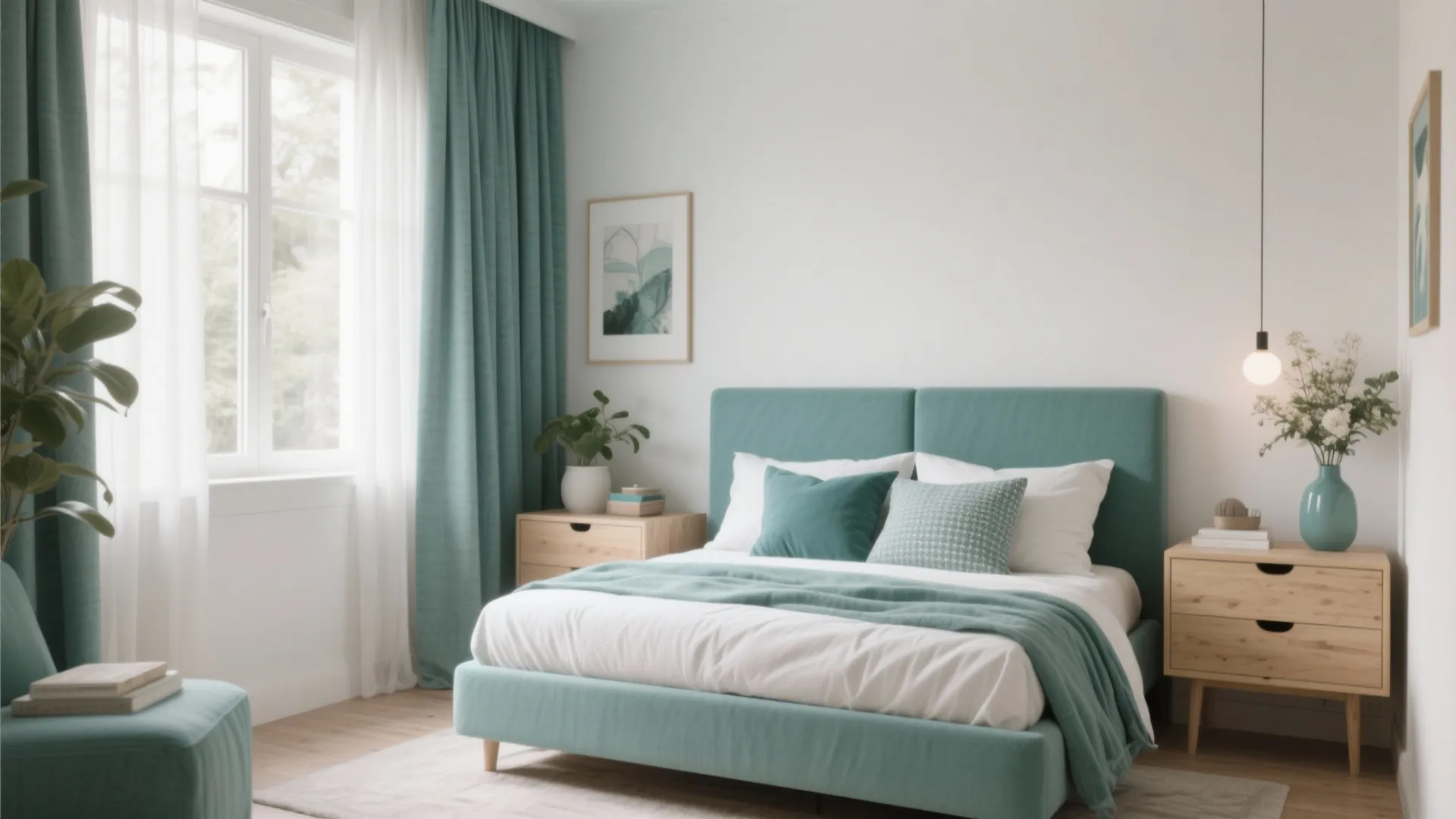 Modern bedroom with teal bed frame white bedding wooden nightstands teal curtains and large window