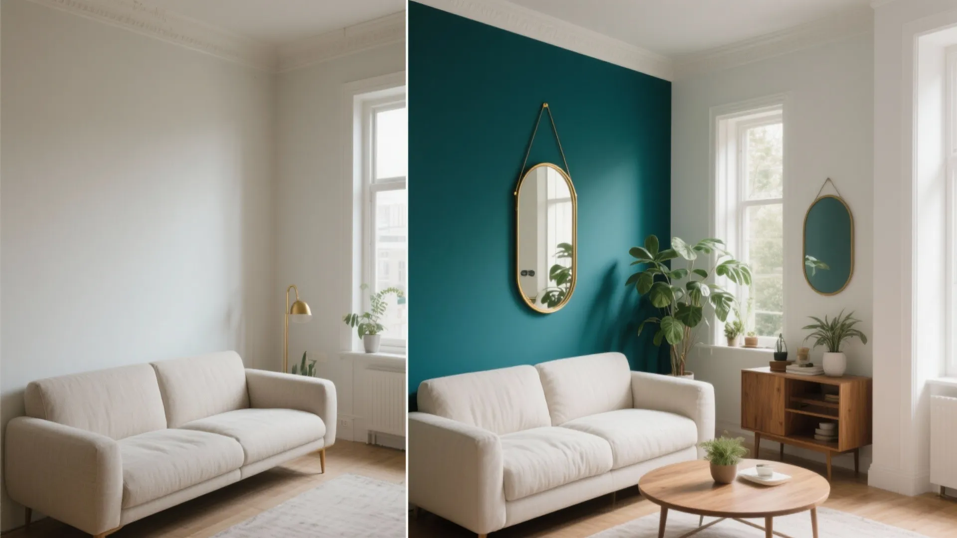 Before and after comparison of a simple white living room versus a decorated teal accent wall