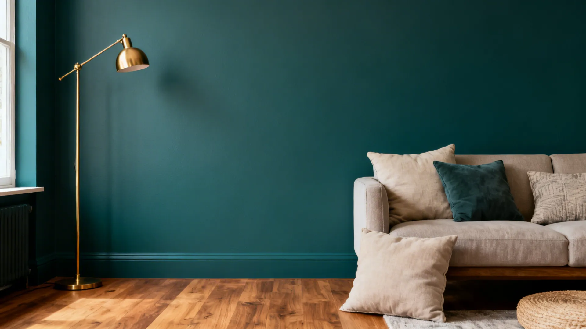 Seating area with a deep teal wall behind a sofa, warm wood tones and brass lamp.