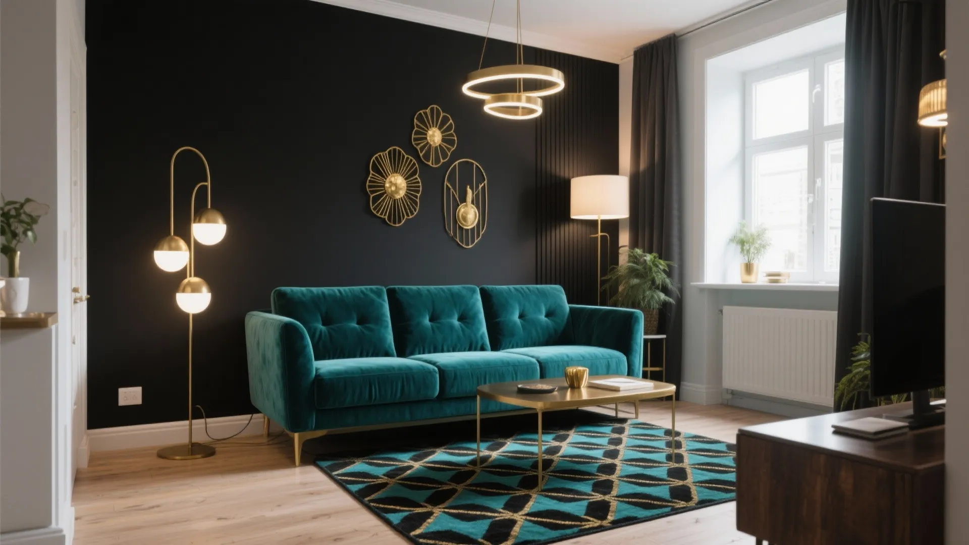 Teal sofa in living room with black wall gold art ceiling light and patterned rug