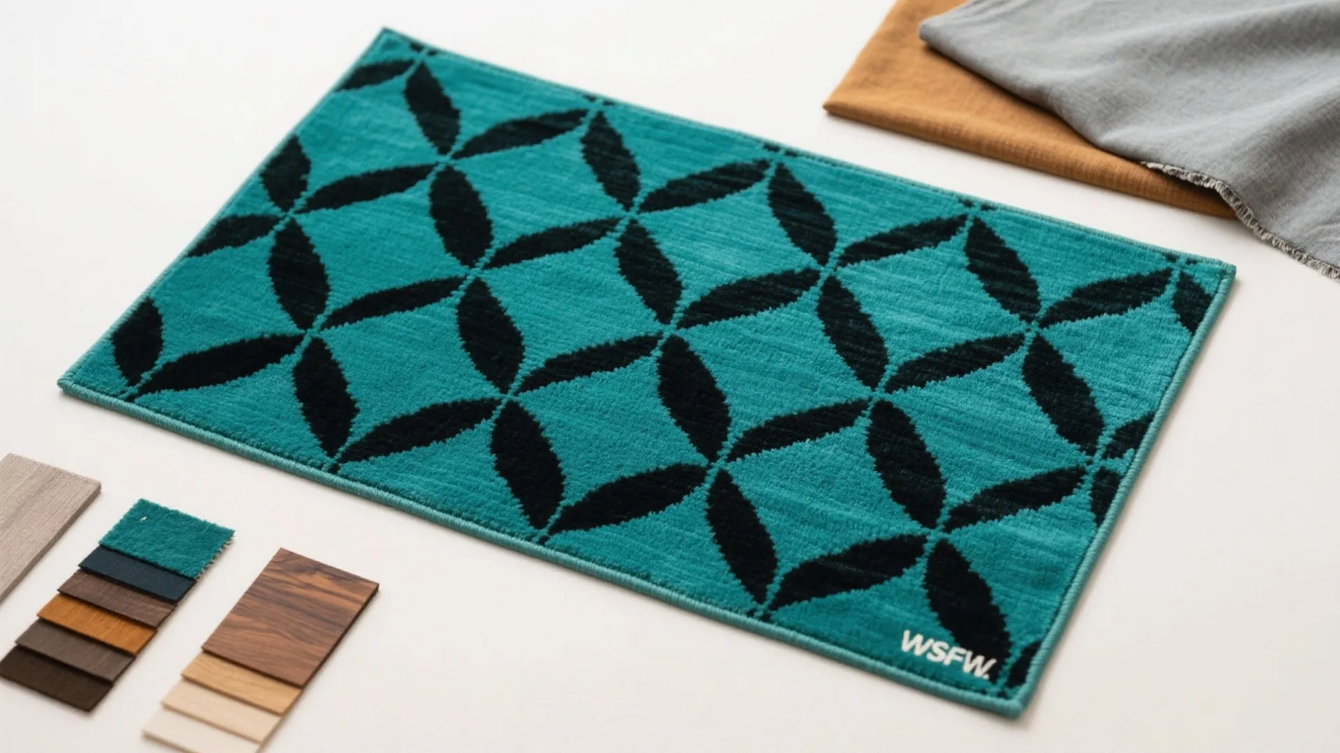 Teal and black patterned rug displayed with various floor material samples on a white surface