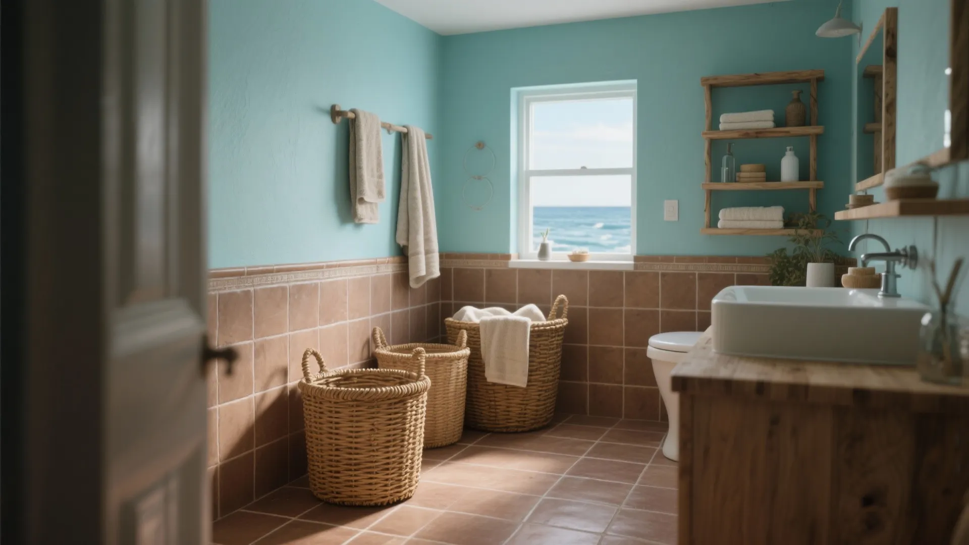 Teal bathroom with brown floor tiles woven laundry baskets white sink and window view ocean