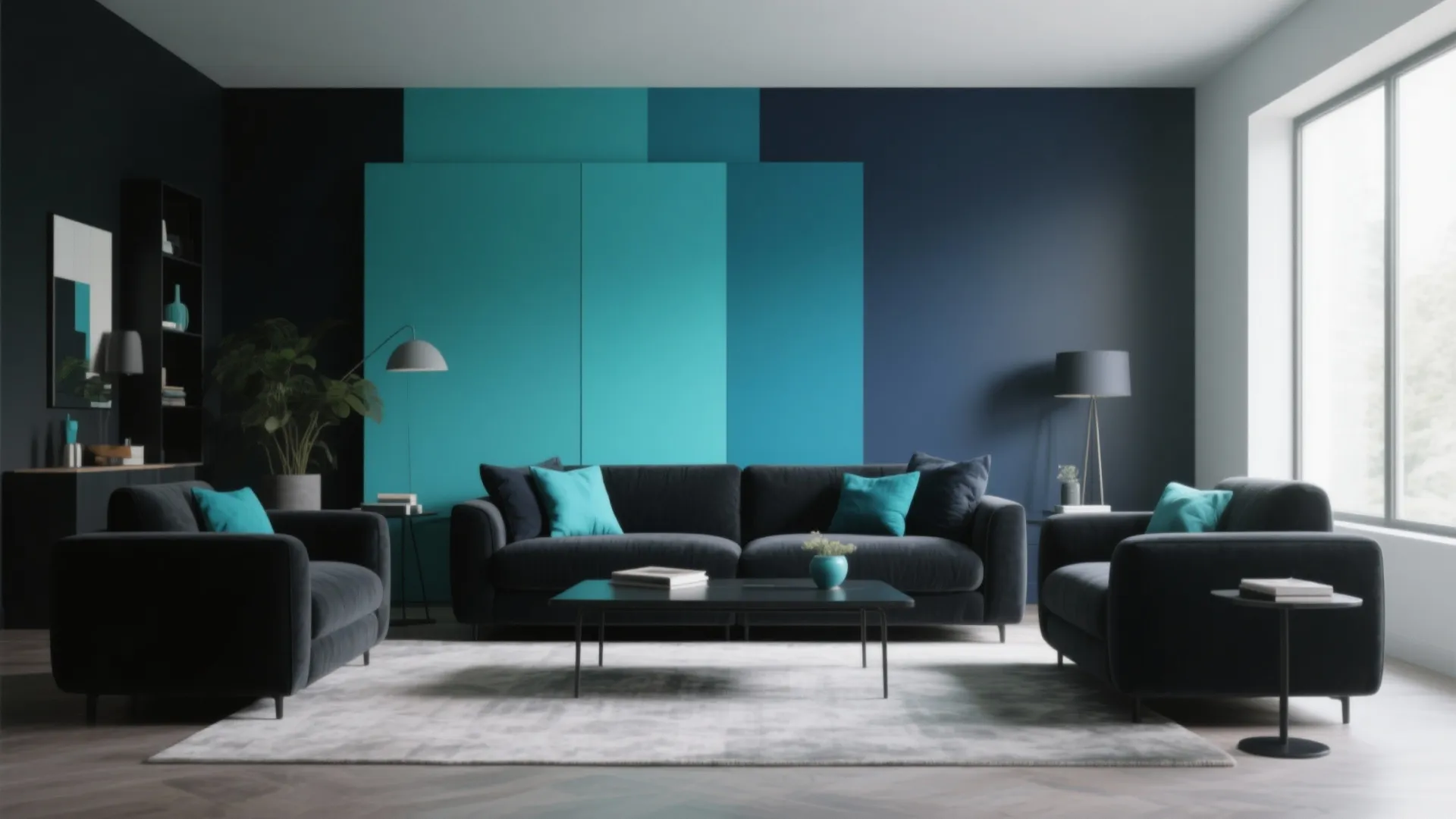 Contemporary living room with dark grey sofas teal accent wall panels and a white floor rug