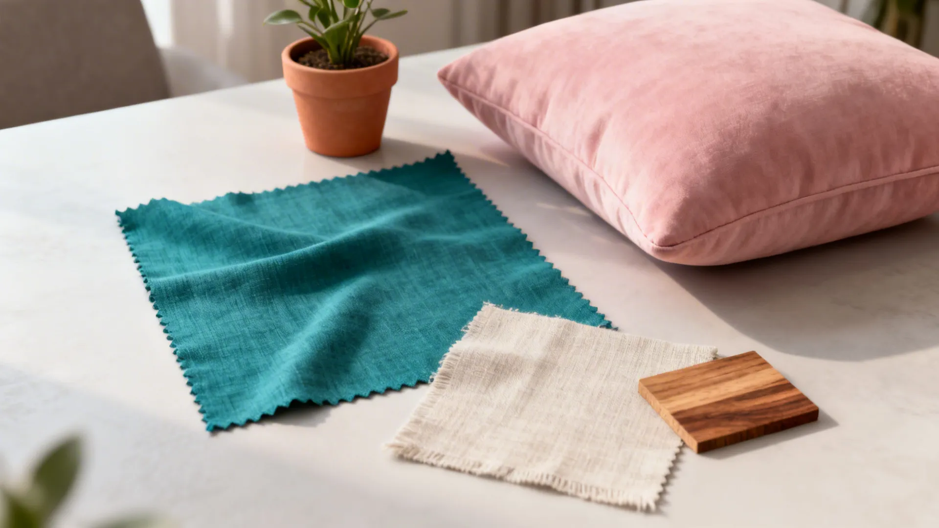 Flatlay of teal fabric swatch with blush cushion and terracotta planter samples for color pairing.