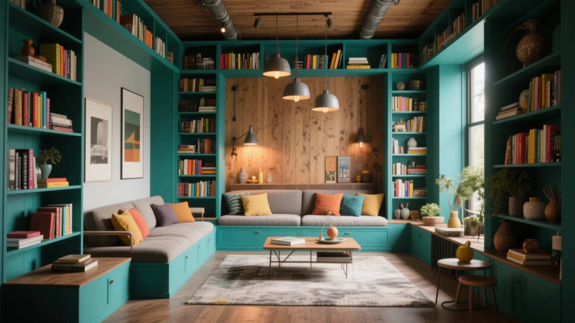 Large teal bookshelves surround a grey sofa with colorful pillows under a rustic wooden ceiling