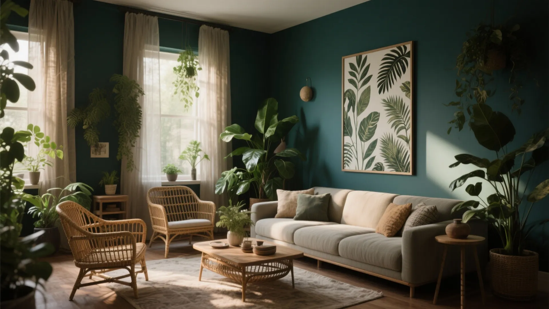 Dark teal living room with light sofa wicker chairs plants and botanical art near windows