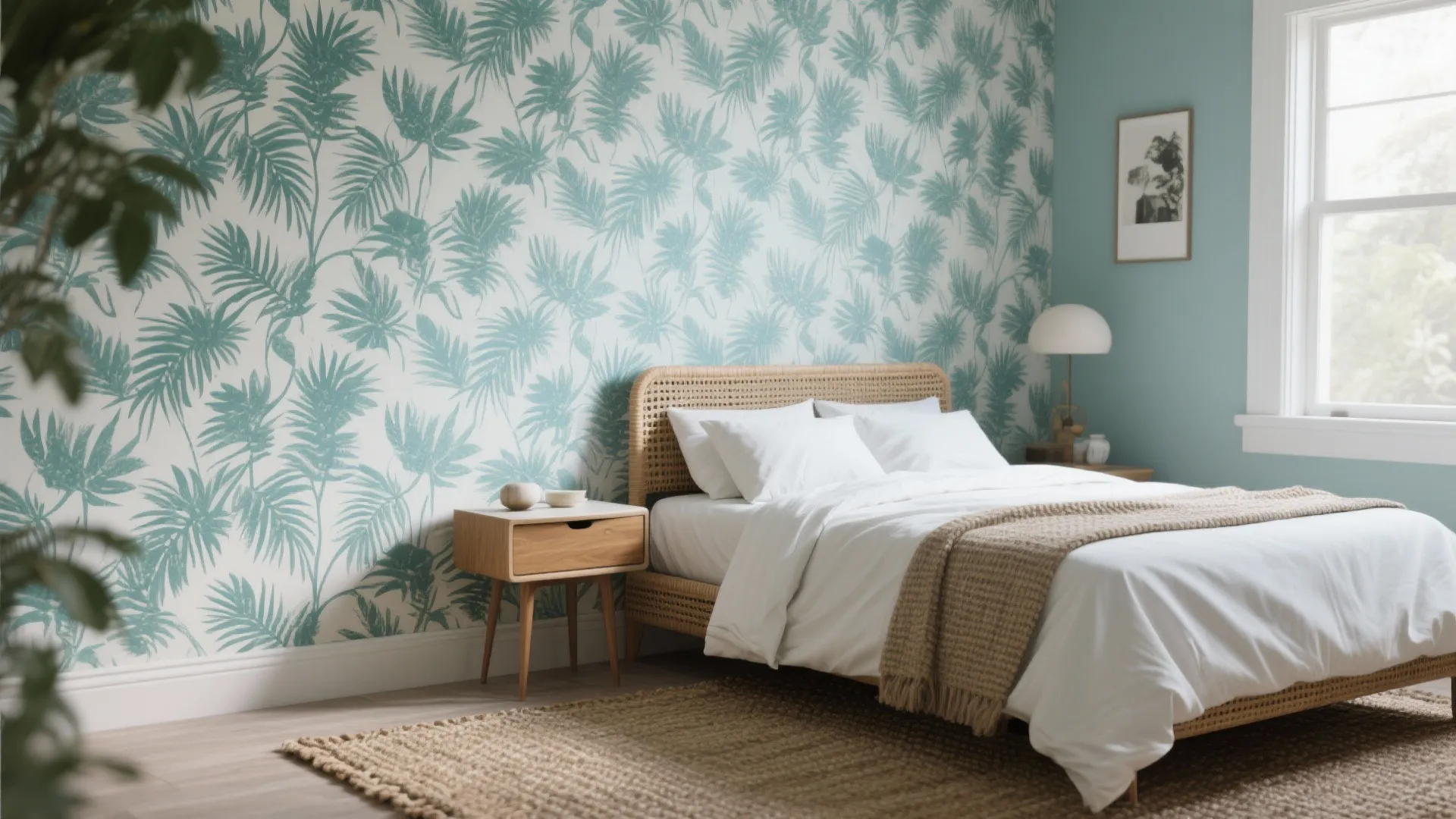 Bedroom with teal botanical wallpaper, white bedding and rattan accents for a modern-vintage look.