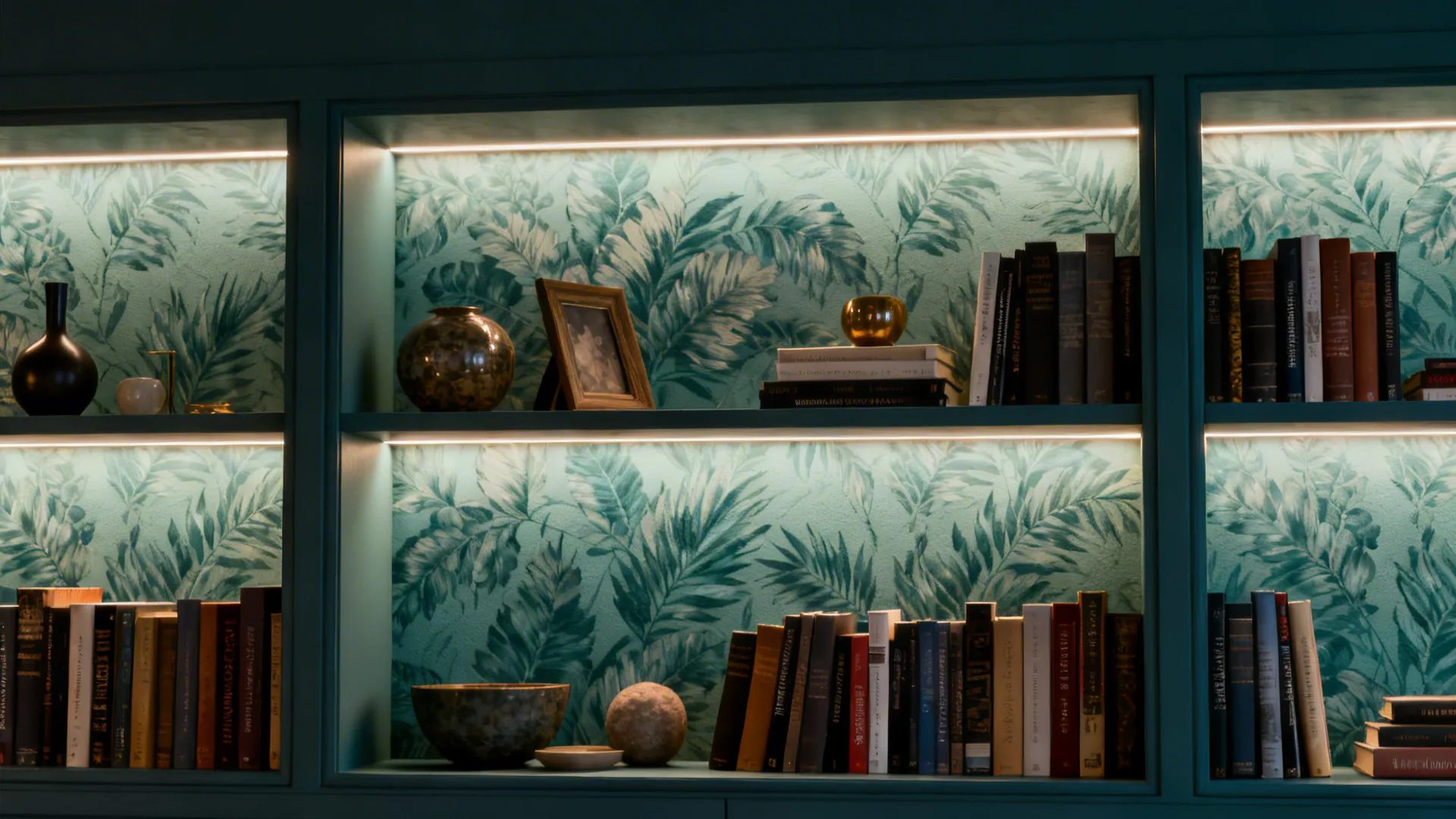 Built-in bookshelf in front of subtle teal botanical wallpaper, highlighting pattern scale and texture.