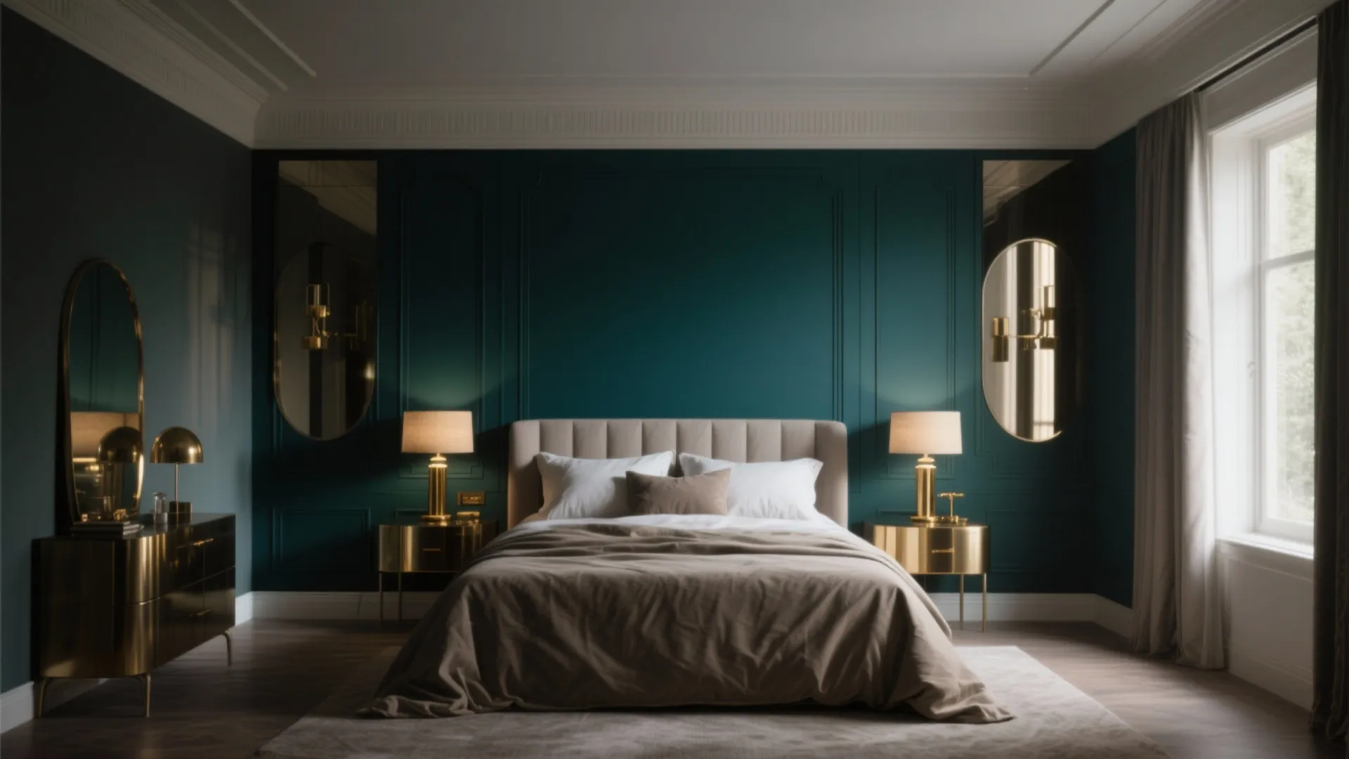 Elegant teal bedroom with gold bedside tables two table lamps wall mirrors and soft white bedding