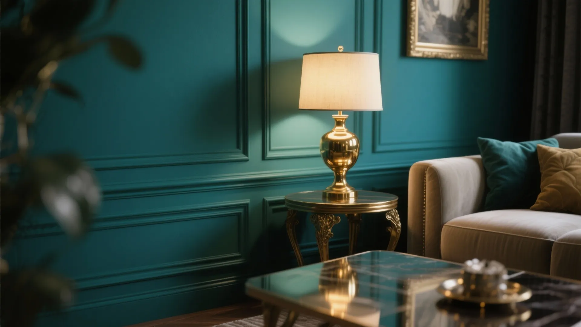 Elegant living room detail with gold table lamp teal wall panel and comfortable beige sofa