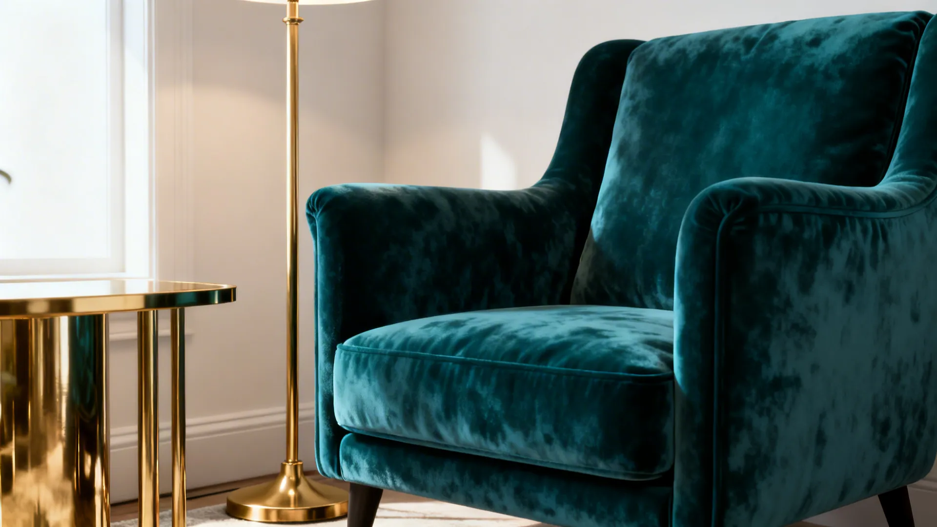 Deep teal velvet armchair with brass lamp and side table in a small living room.