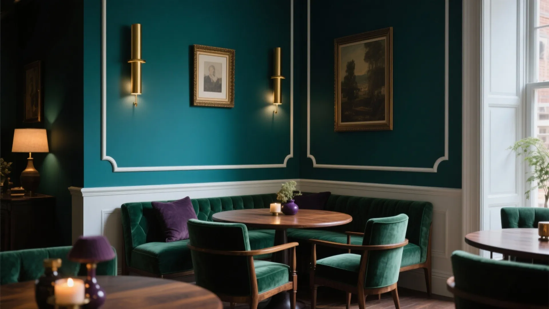 Dark green dining area with wall panel velvet sofa round wooden table and gold lighting