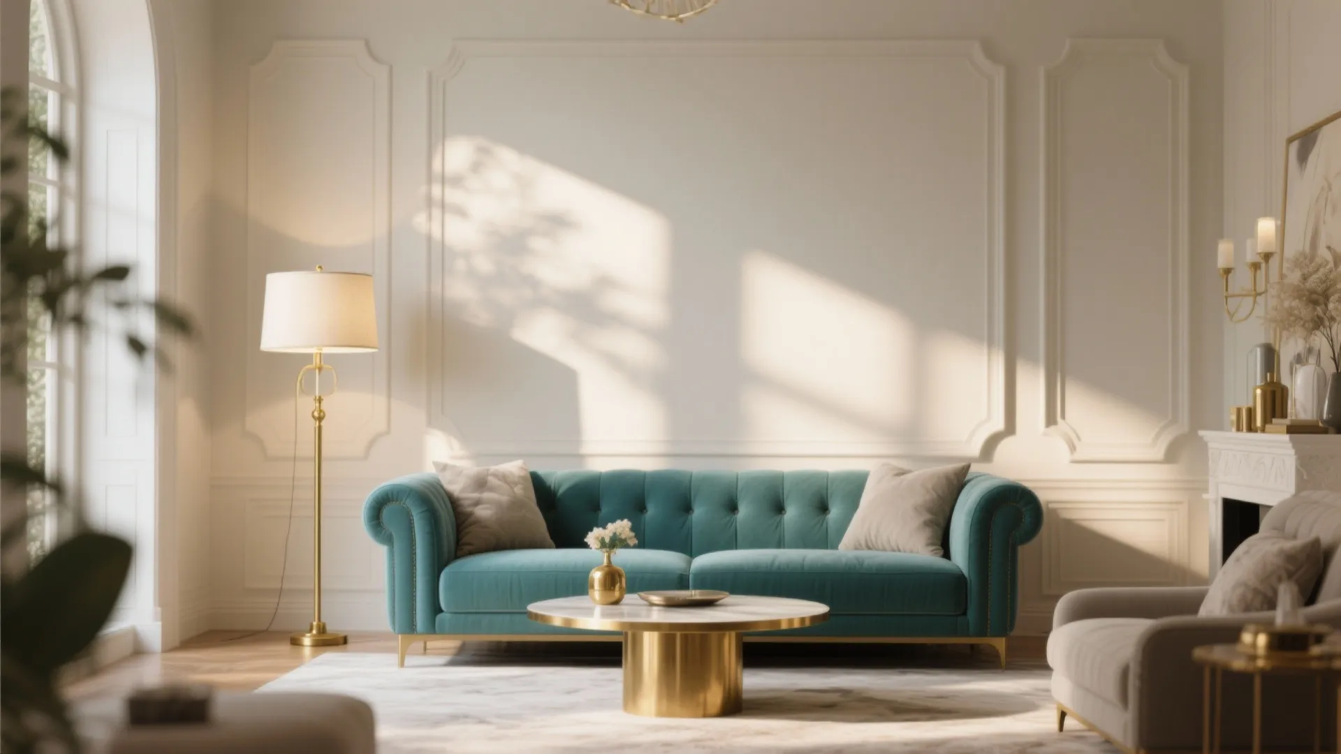 8. Teal Sofa with Brass and gold Accents