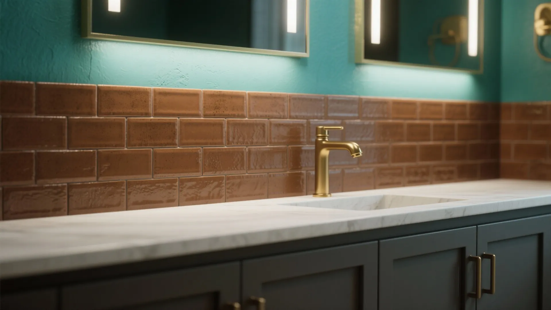 Vanity close-up with teal accent wall and warm brown subway tile backsplash with brass faucet