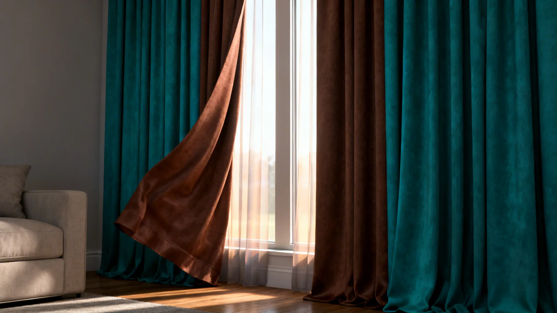 Living room window with teal curtains showing chocolate-brown lining as they billow, adding depth.