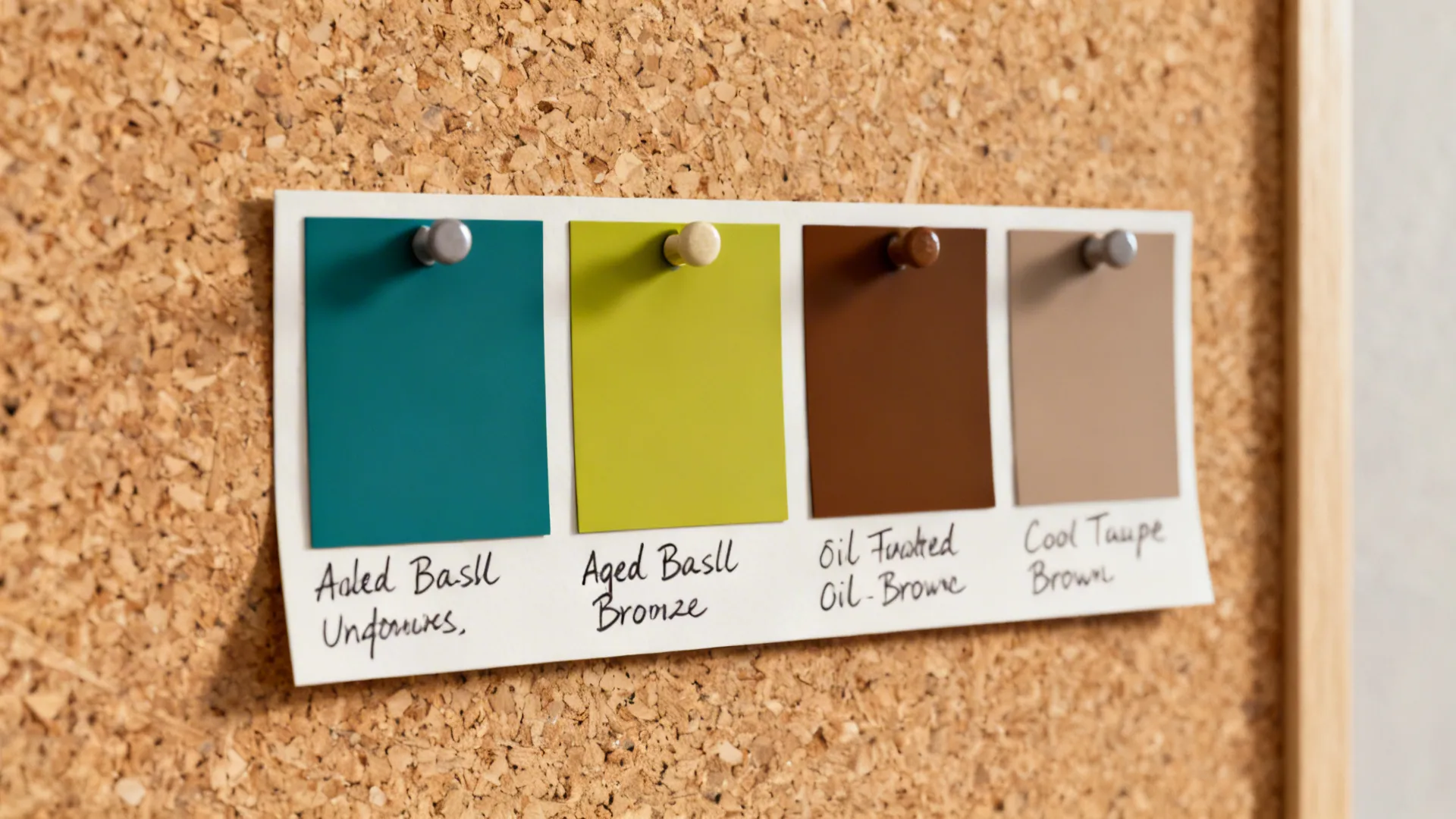 Mood board showing teal and brown swatches with notes on undertones and hardware finishes.