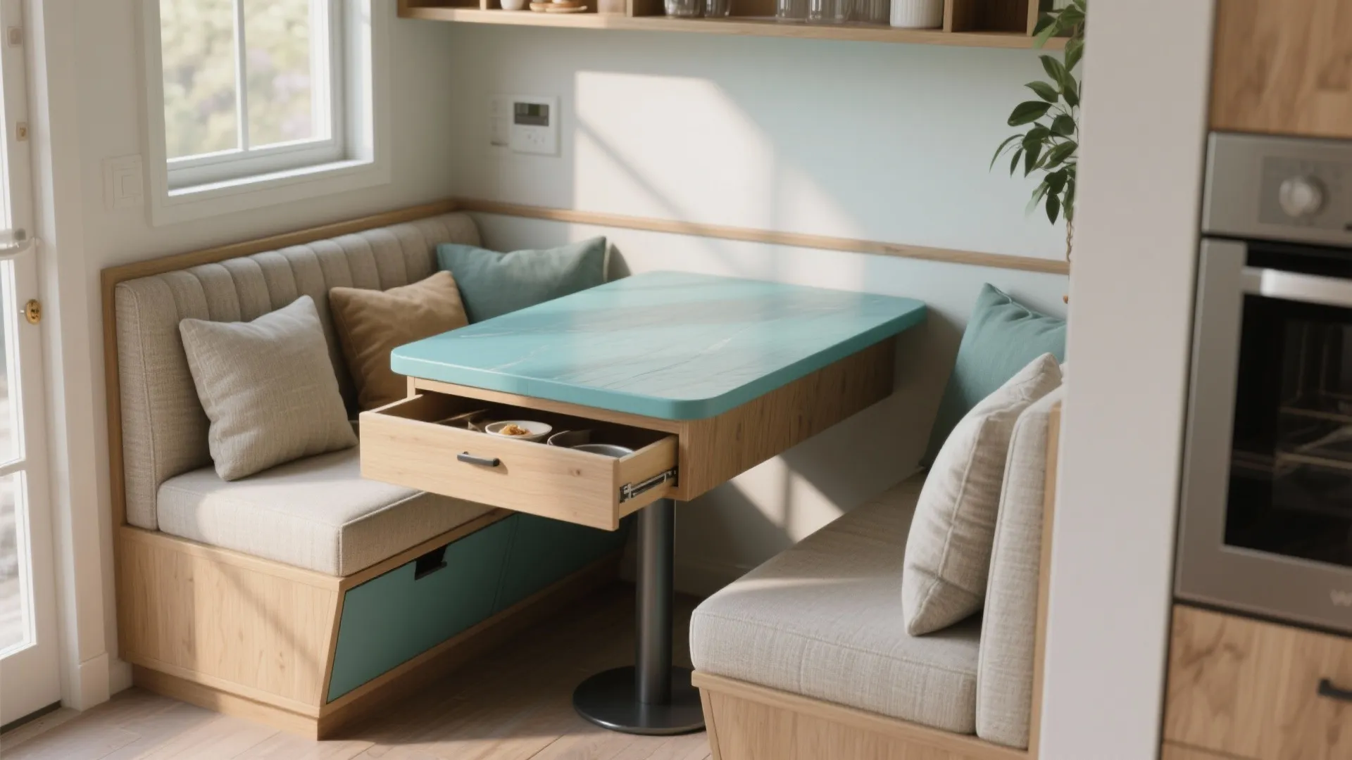 Modern dining area with blue tabletop and wood storage bench near a bright white window