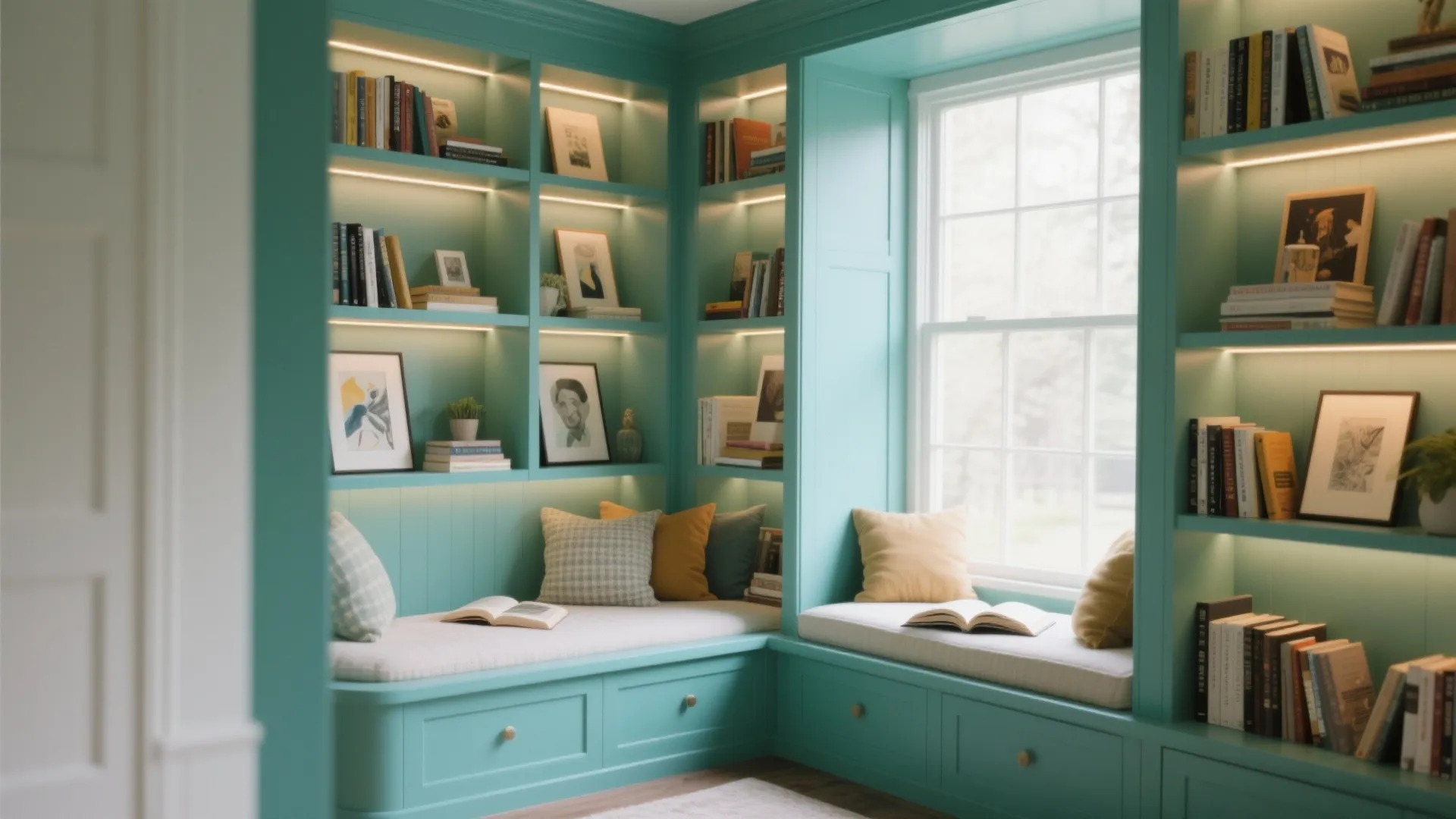 Built-in bookshelves painted teal with warm lighting