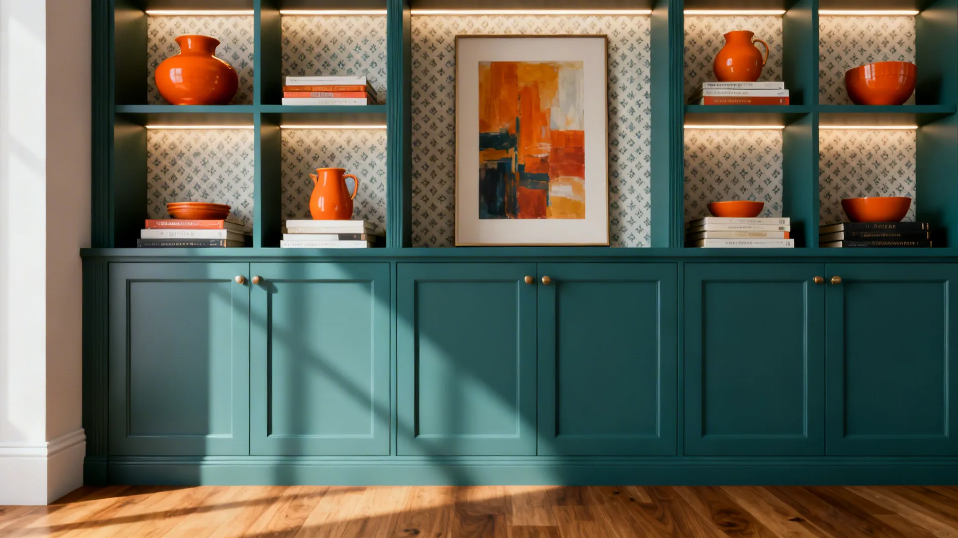 Teal built-in shelving styled with orange ceramics, books, and subtle patterned cabinet backs.