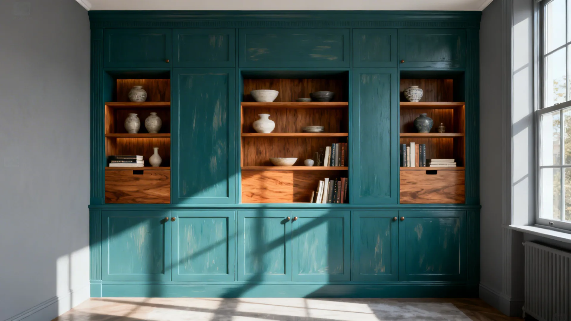 3. Teal Cabinetry with Soft Grey Walls