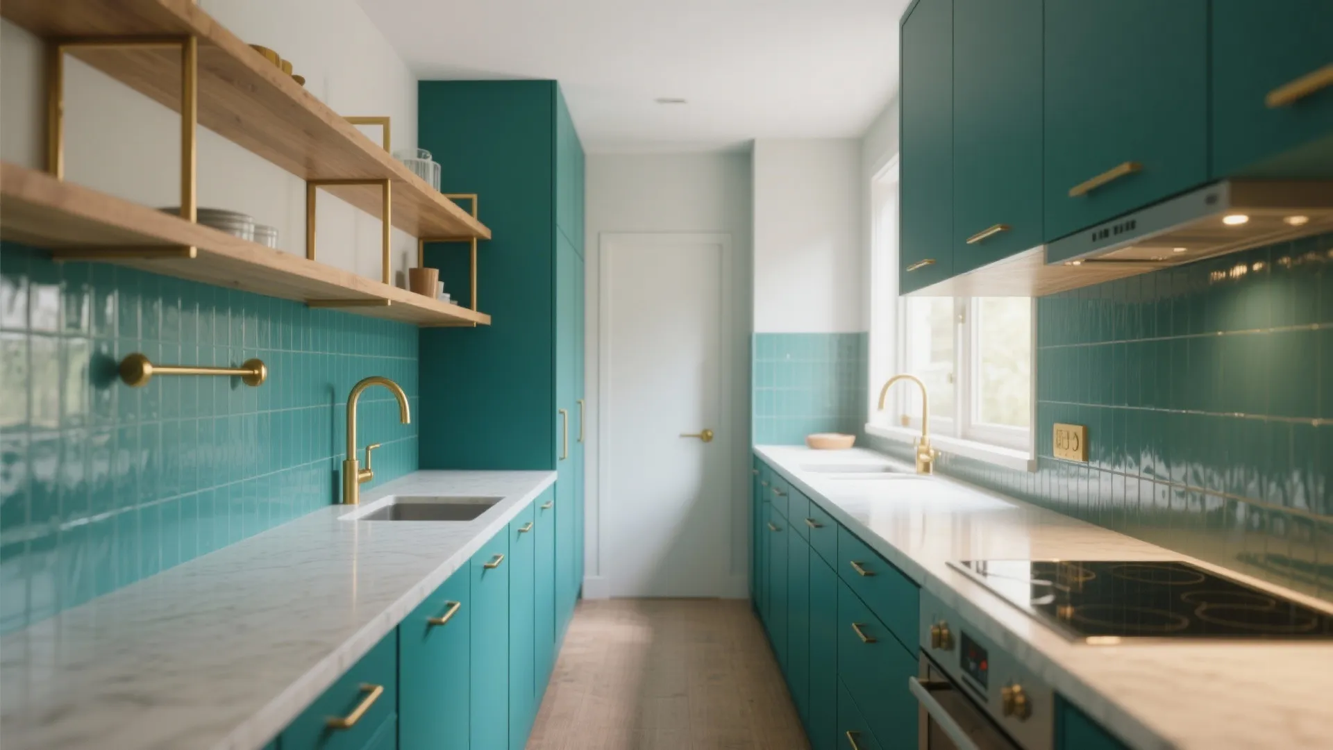 3. Teal Cabinets or Backdrop with Warm Wood and Brass