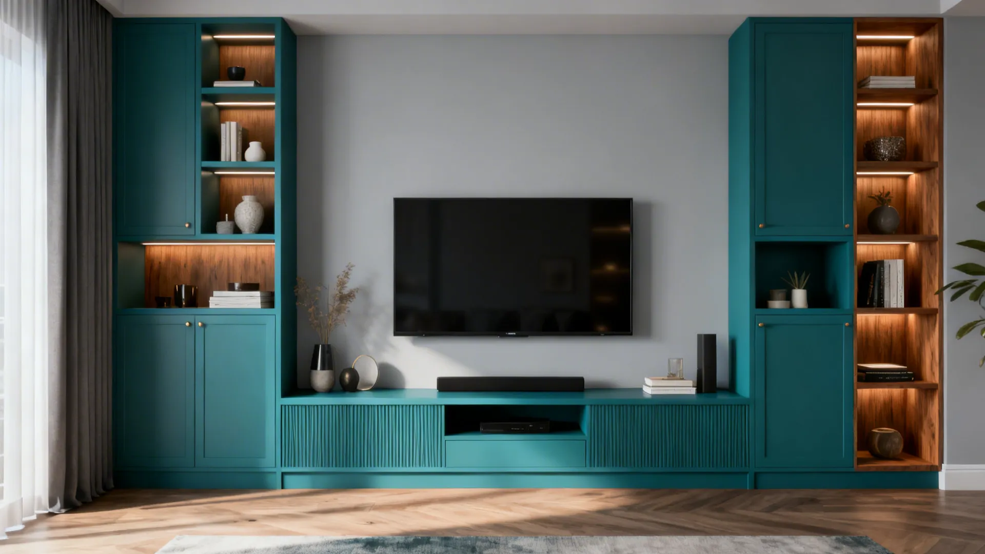 Living room focal wall with teal built-in cabinets and pale gray surrounding walls, warm wood accents