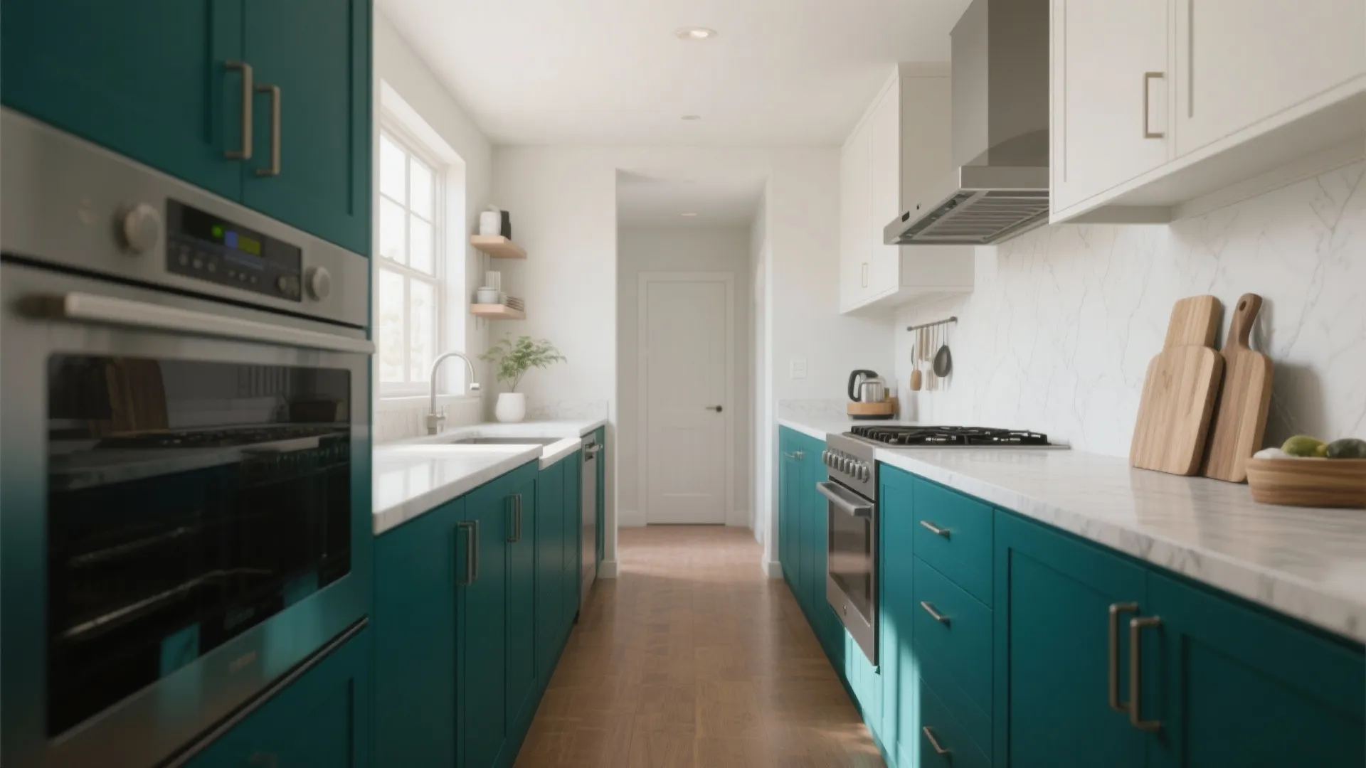 Modern galley kitchen with teal cabinets, white marble countertops, wooden floor, and stainless steel appliances