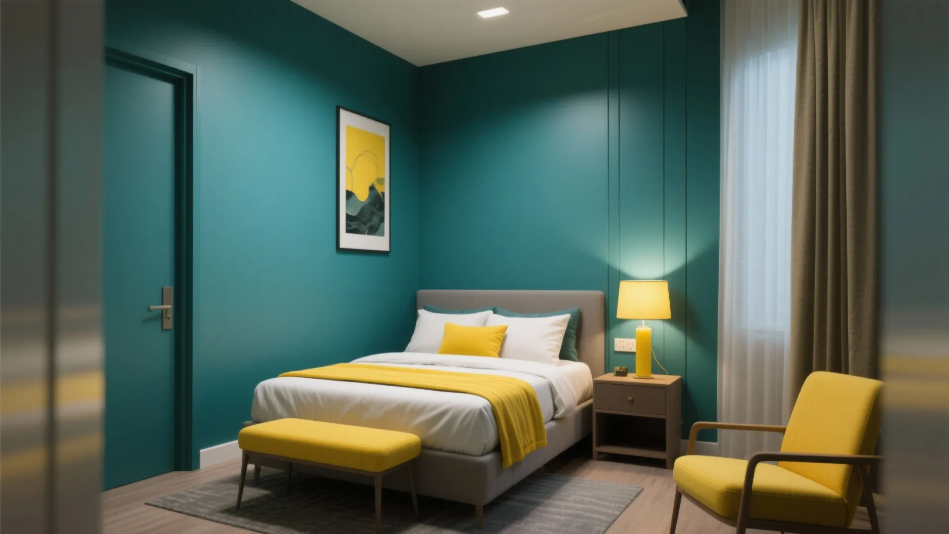 Guest room with teal walls and a few canary-yellow accents for a bold modern contrast