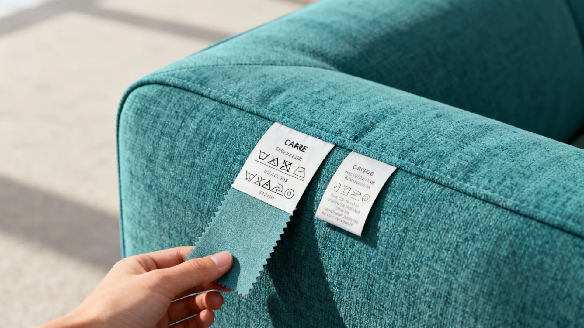 Close-up of care labels and fabric swatch on a teal sofa cushion showing cleaning codes
