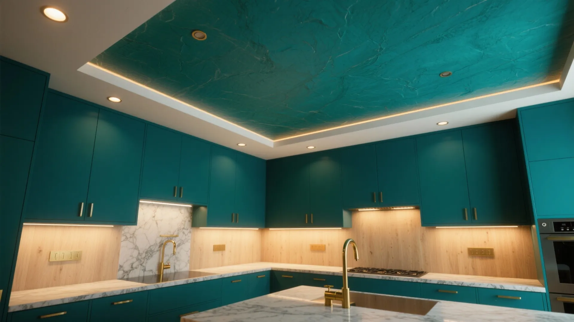 Modern kitchen with dark teal cabinets gold faucets marble countertops and a textured teal ceiling design