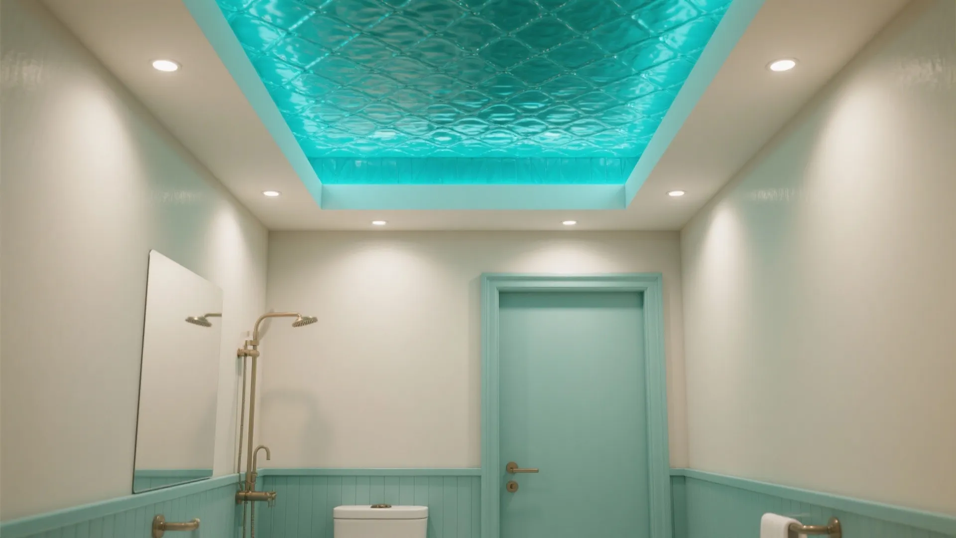 Bathroom interior featuring a bright teal textured ceiling with small lights and a teal door