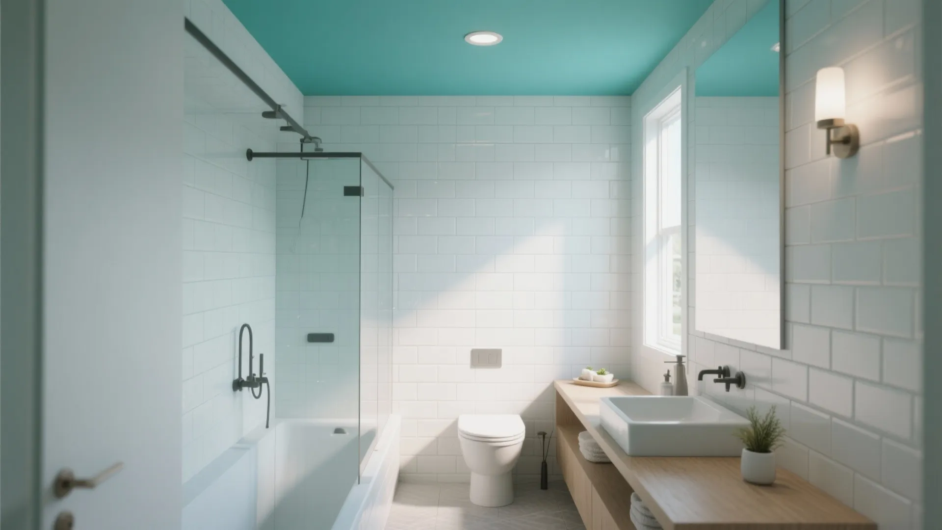 Bright bathroom with teal painted ceiling white wall tiles bathtub glass partition and wooden sink shelf