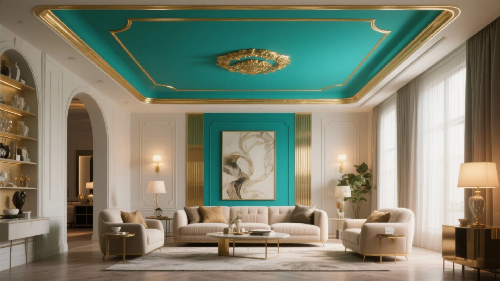 10. Teal Feature Ceiling with Gold Trim