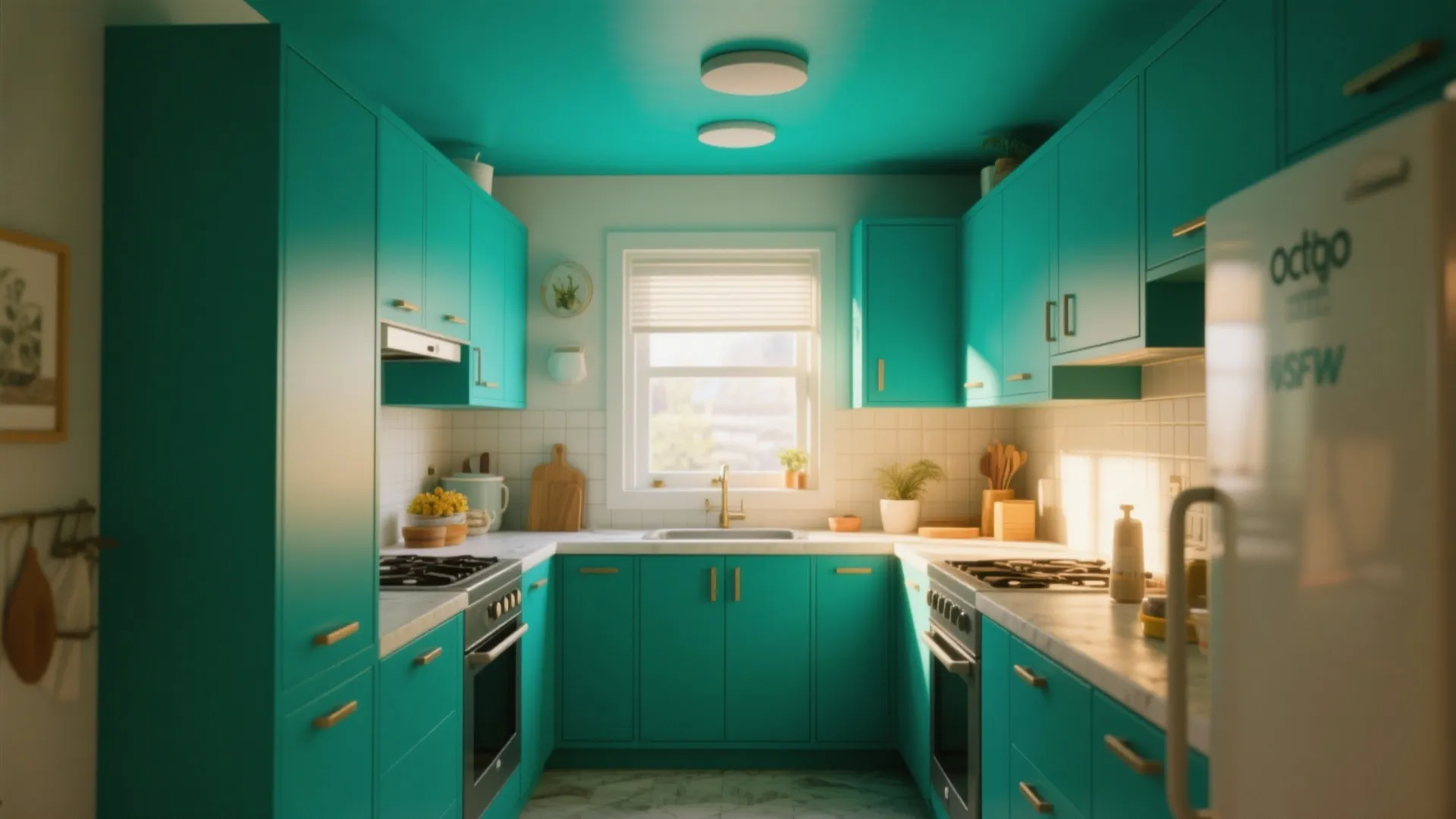 Small kitchen with teal painted ceiling and matching cabinets