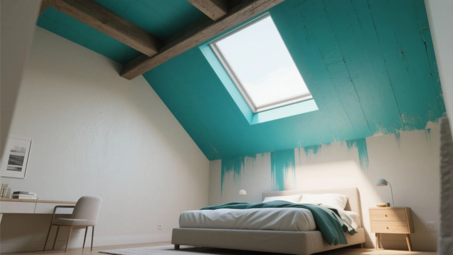 Loft bedroom with a teal sloped ceiling paired with light walls and skylight.