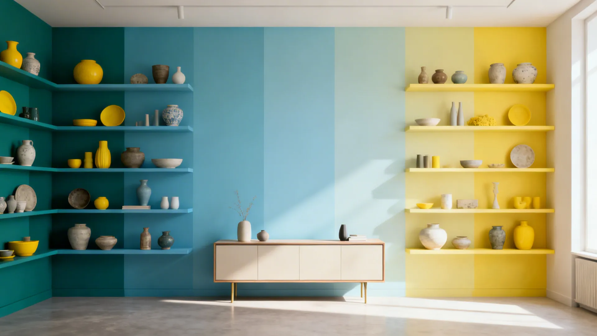 Shelving painted in a gradient from teal to lemon with curated yellow ceramics