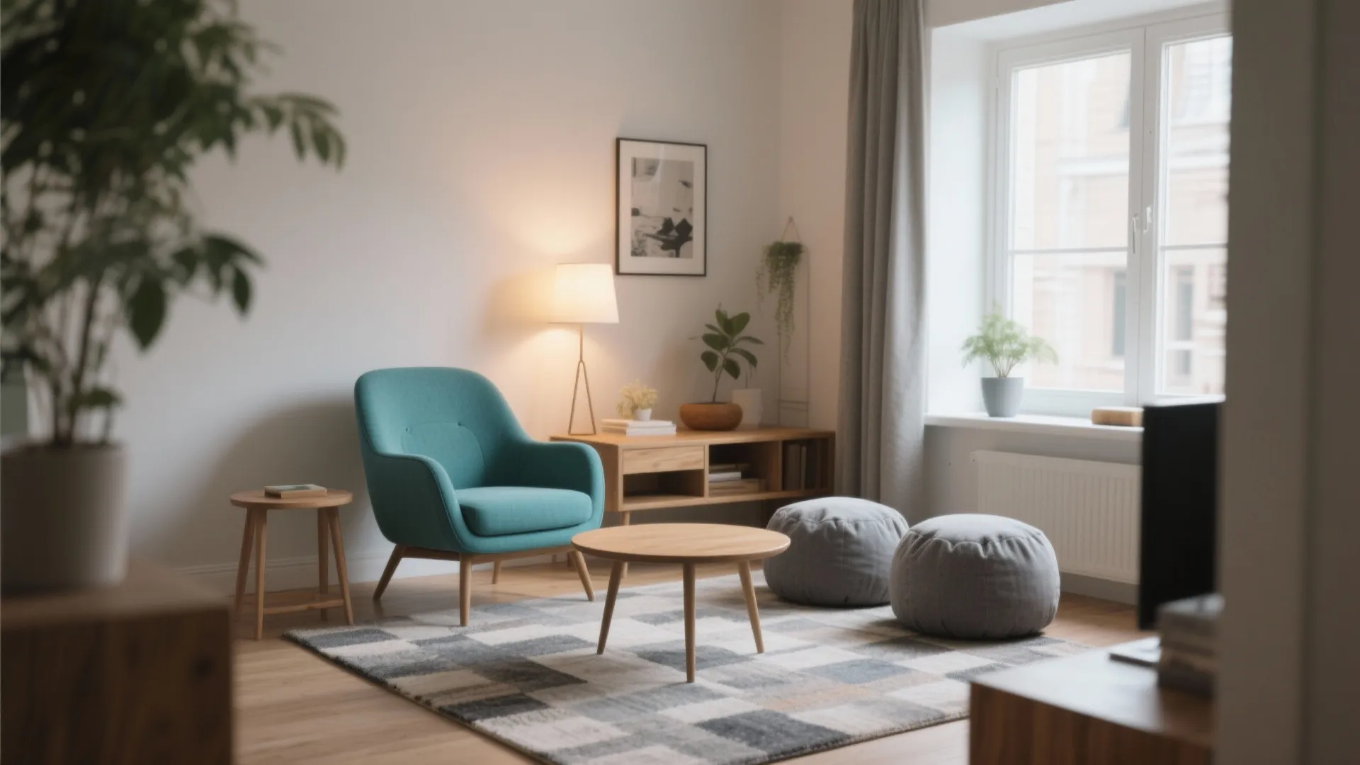 8. Teal Accent Chair with Grey Poufs