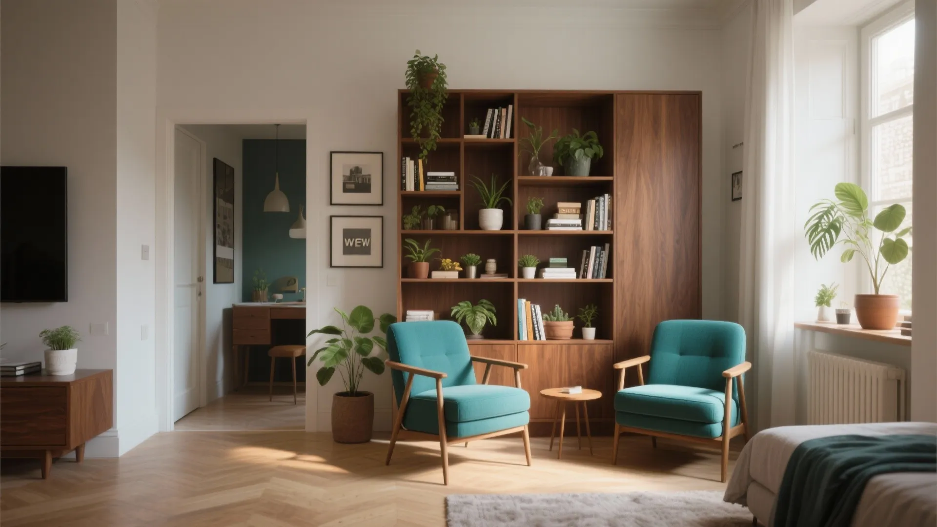 8. Teal Accent Chairs and Brown Shelving