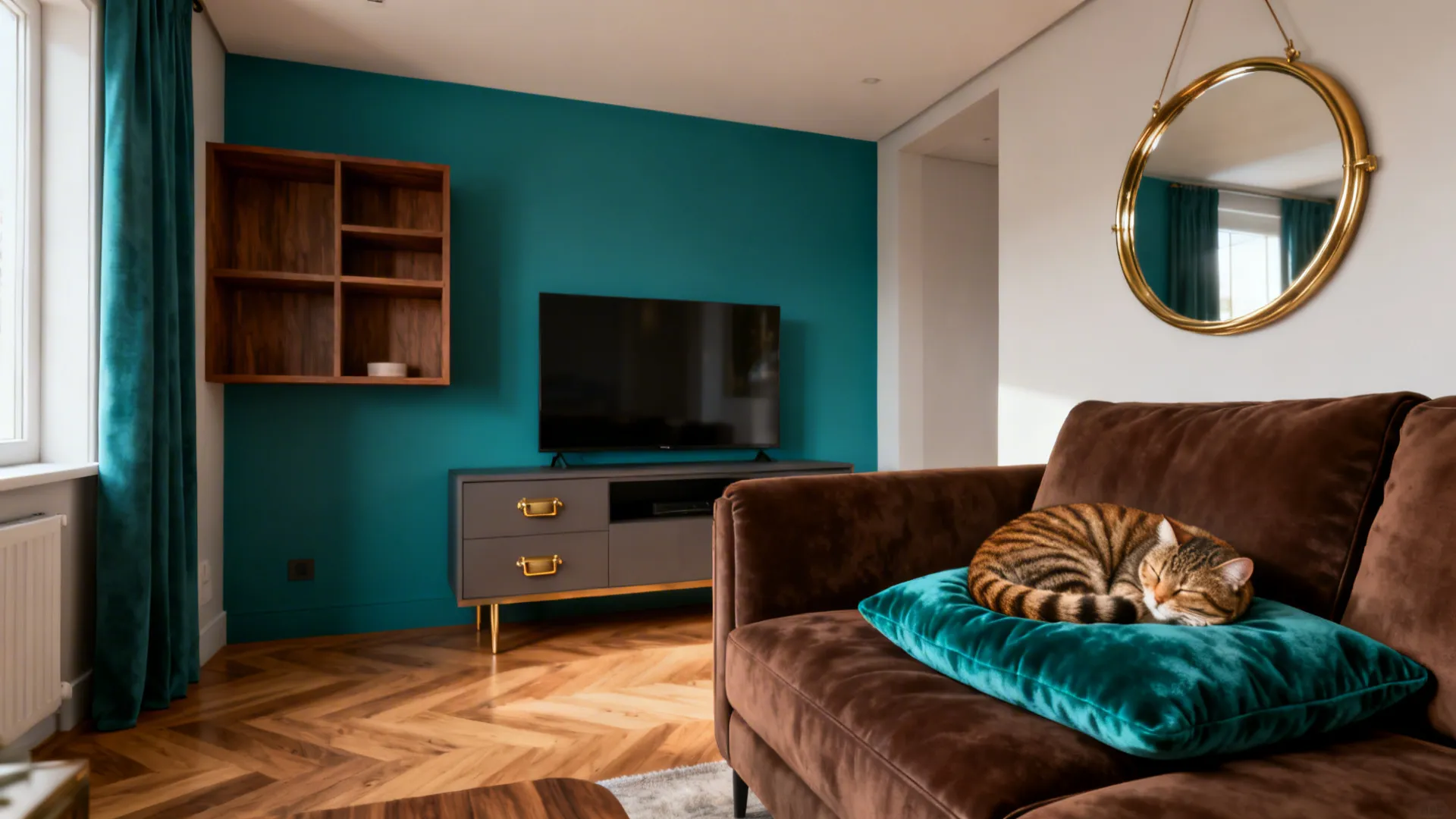 Cat sleeping on teal pillow on brown sofa in living room with teal accent wall