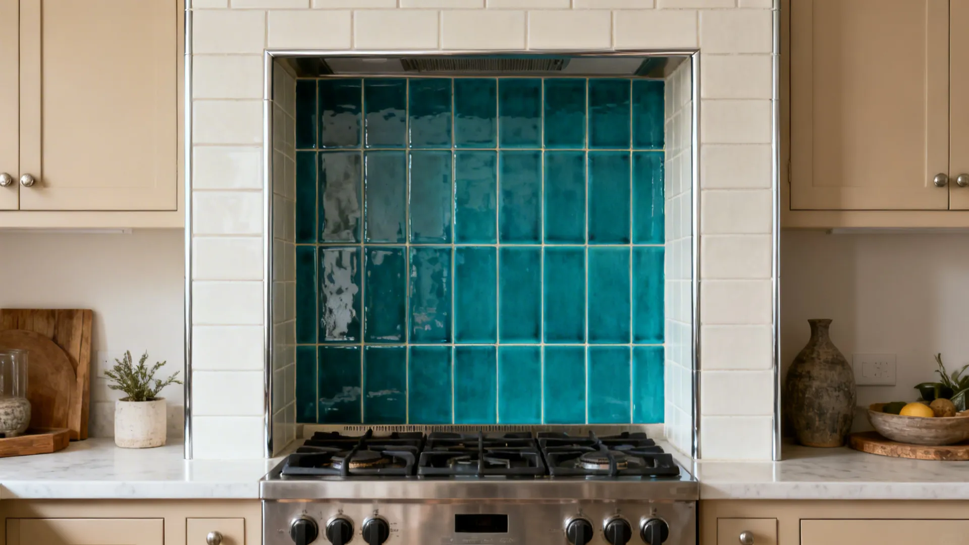 Modern kitchen stove featuring bright teal wall tiles between cream cabinets and white marble stone