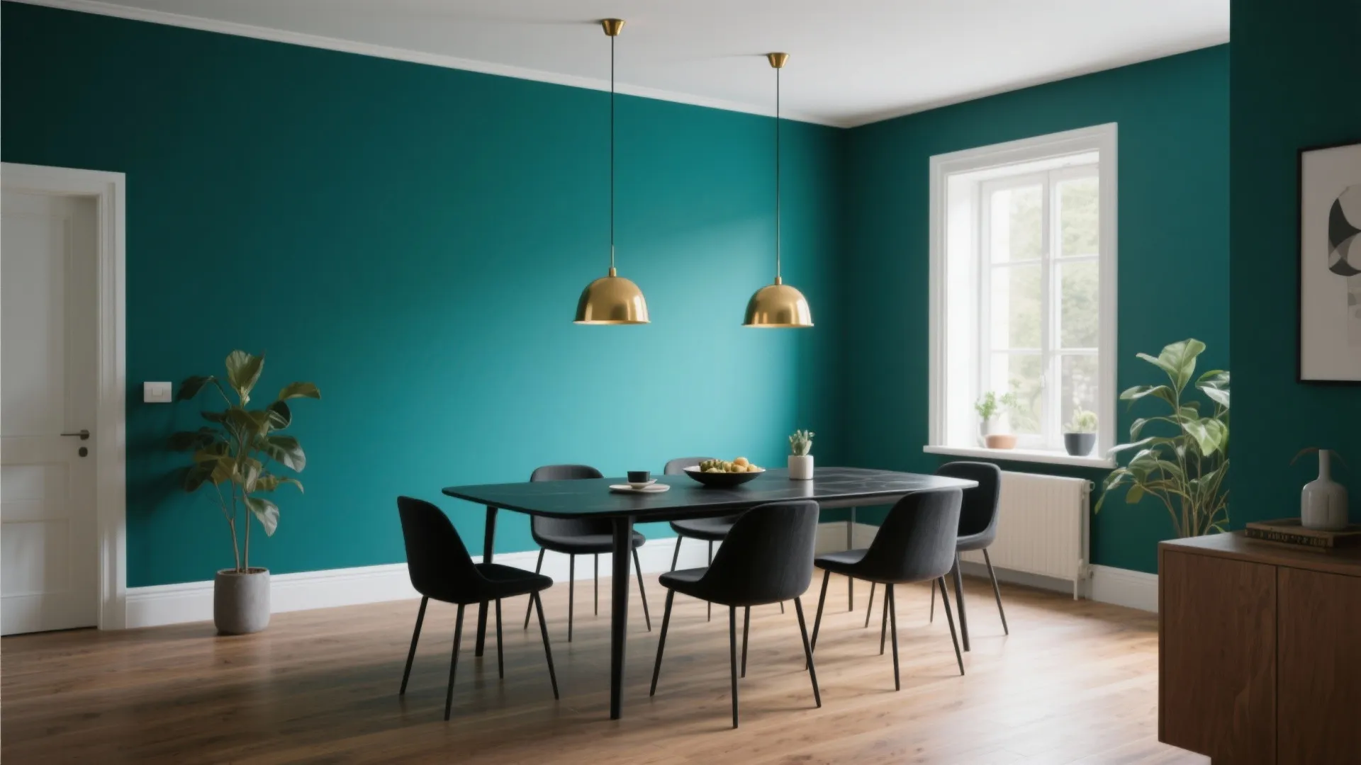 Teal dining room featuring black table chairs two gold ceiling lights wooden floor and window
