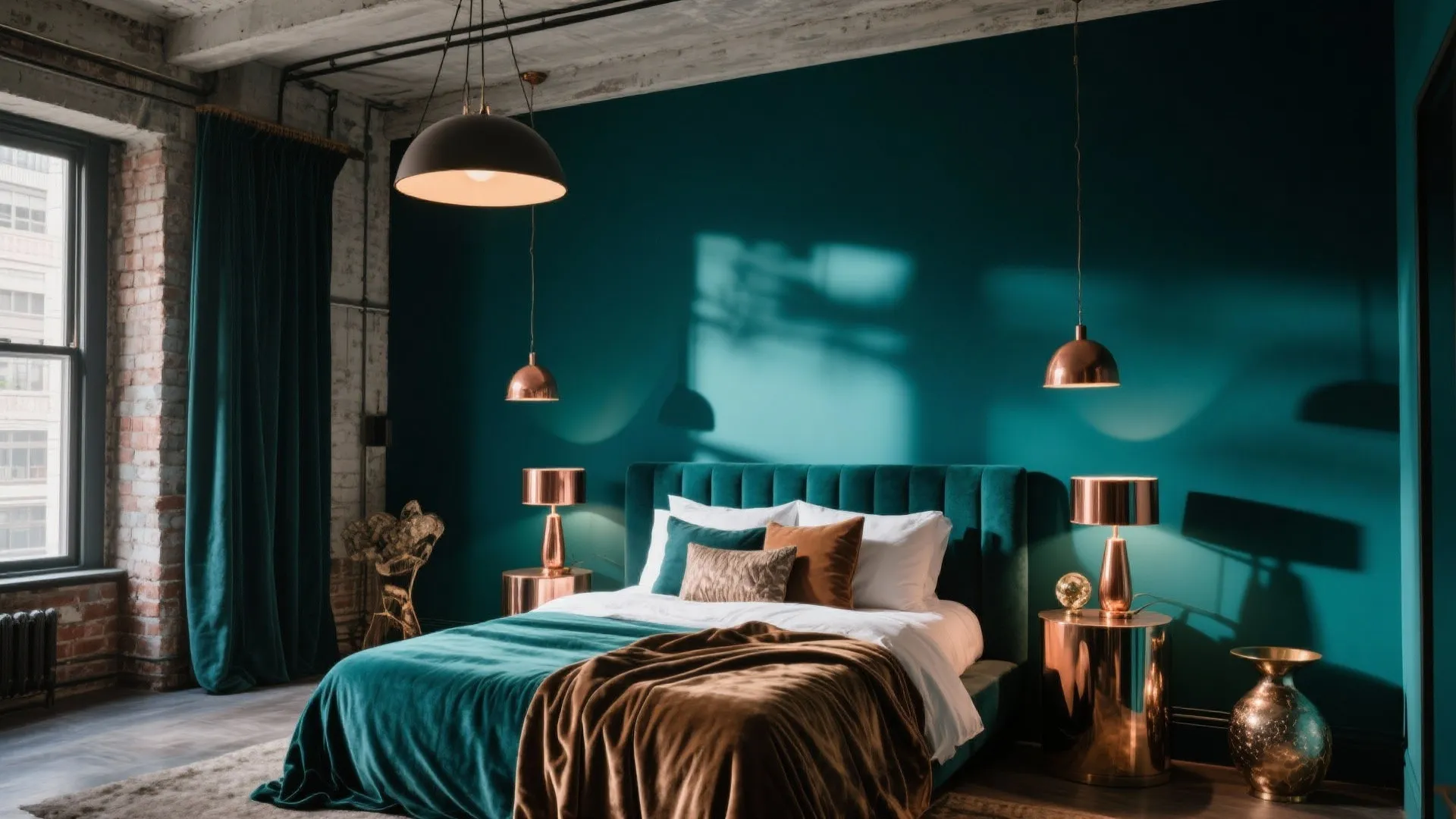 Deep teal loft bedroom with warm copper accents