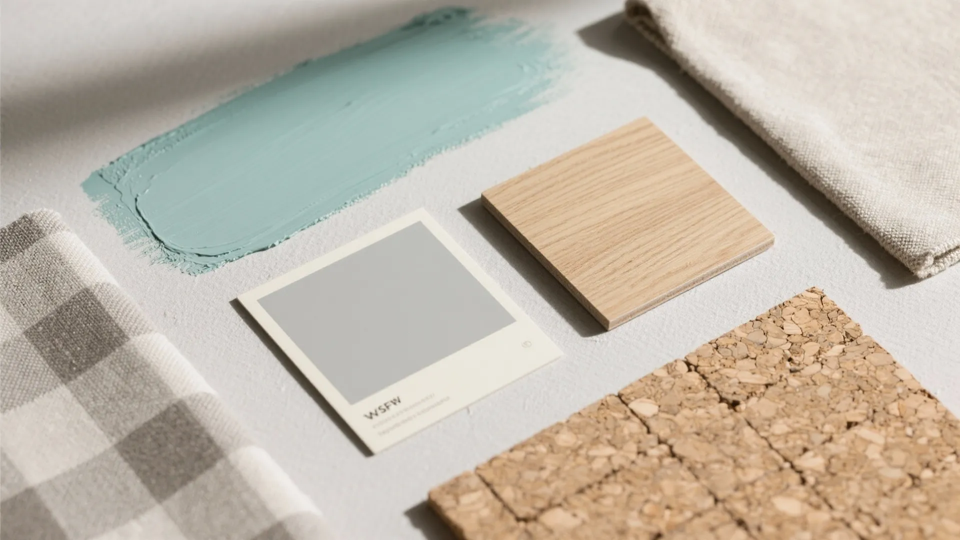 Interior design material board with teal paint wood tile cork board and light colored fabrics