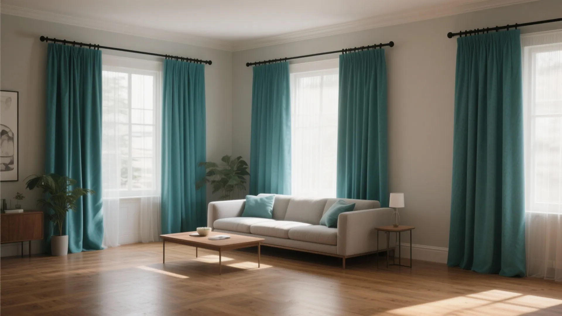 3. Teal Curtains with Black Hardware
